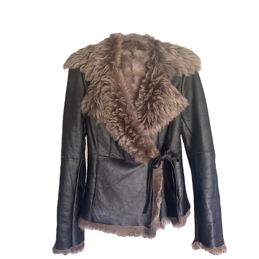 Hugo Boss Black Lambskin Bomber Jacket w/ Shearling Fur – Size 8
